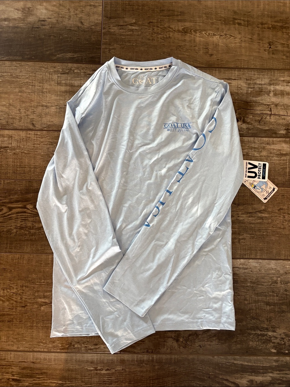 GOAT USA Men's Light Blue Long Sleeve Crew Tee with Sleeve Graphic